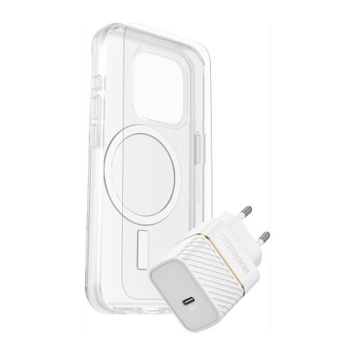 OtterBox Bundle Kit for iPhone 15 - Symmetry Clear Case w/MagSafe, Premium Glass, USB-C 30W Wall Charger White